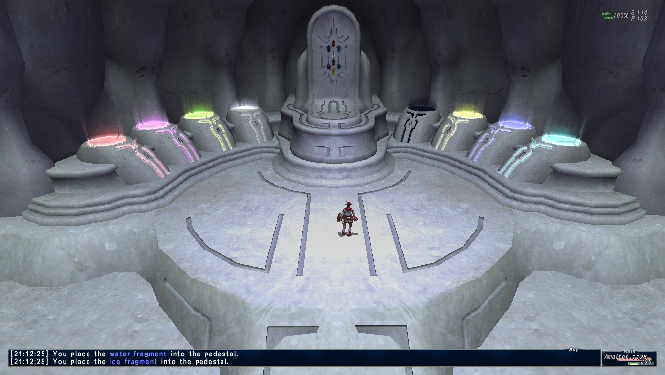 A screenshot showing a large pedestal, flanked on either side by four smaller pedestals. The pedestals are glowing with colored lights, one color for each of the eight elements.