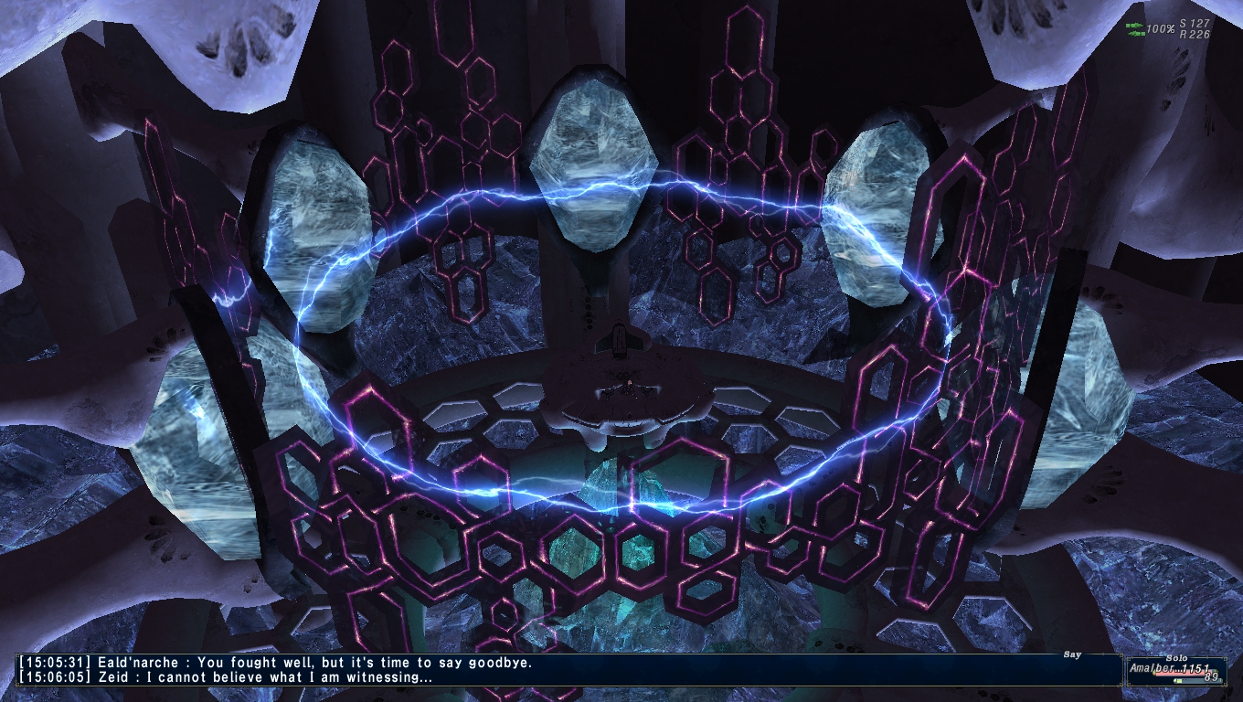 A screenshot showing a circle of lightning connecting the crystals surrounding the arena.