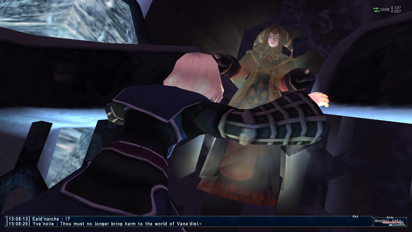 A screenshot showing the Dawnmaiden Yve'noile standing over the fallen Zilartian prince, Eald'narche.