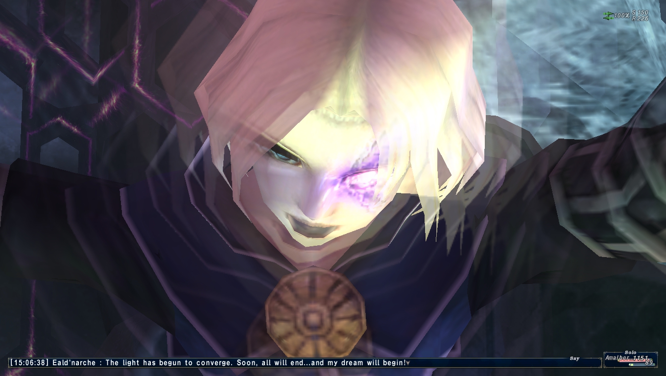 A screenshot showing the Zilart prince Eald'narche, a mad look on his face and his left eye aglow, as he begins to destroy Vana'diel.