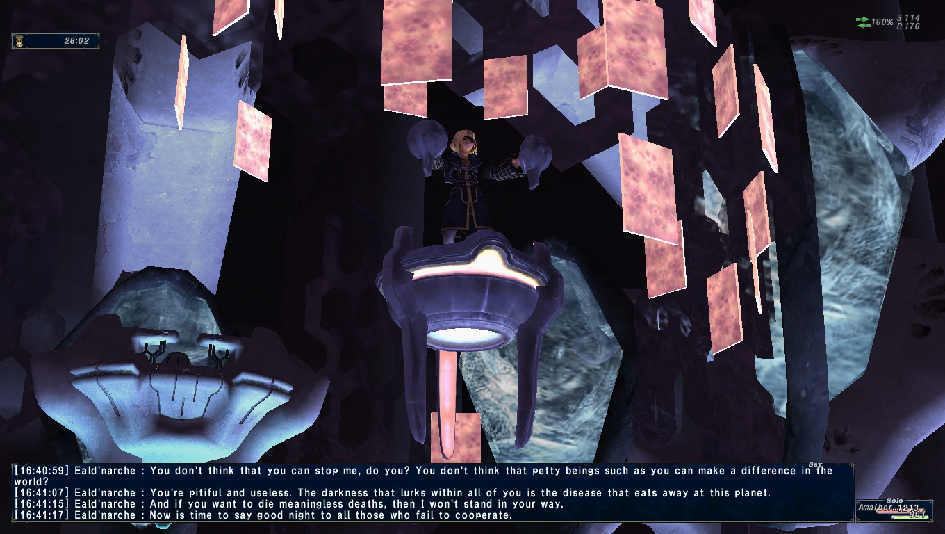 A screenshot showing the Zilart prince Eald'narche, standing on a floating pedestal, surrounded by a barrier of Exoplates.