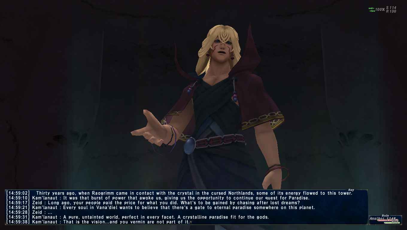 A screenshot showing the Zilart prince Kam'lanaut, speaking.