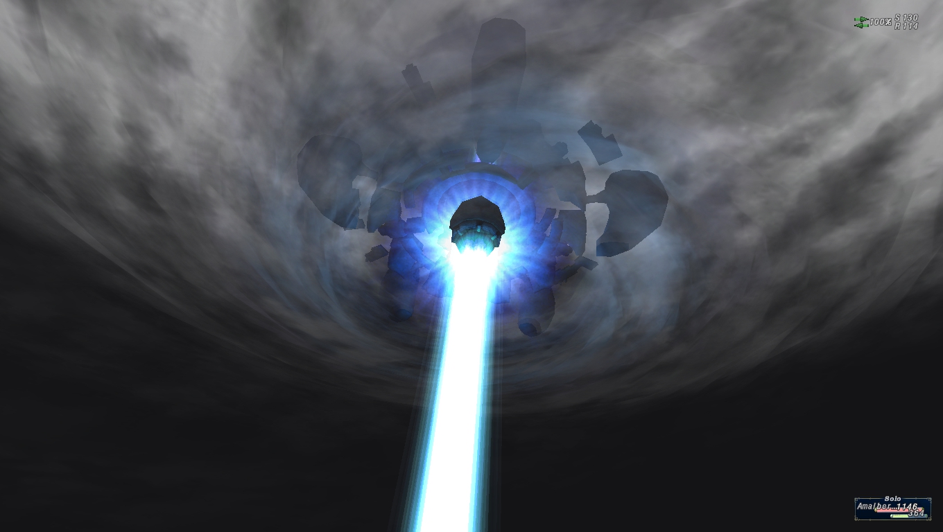 A screenshot showing a darkened sky. A beam of light pierces the sky and shines on the center bottom of a group of floating islands.