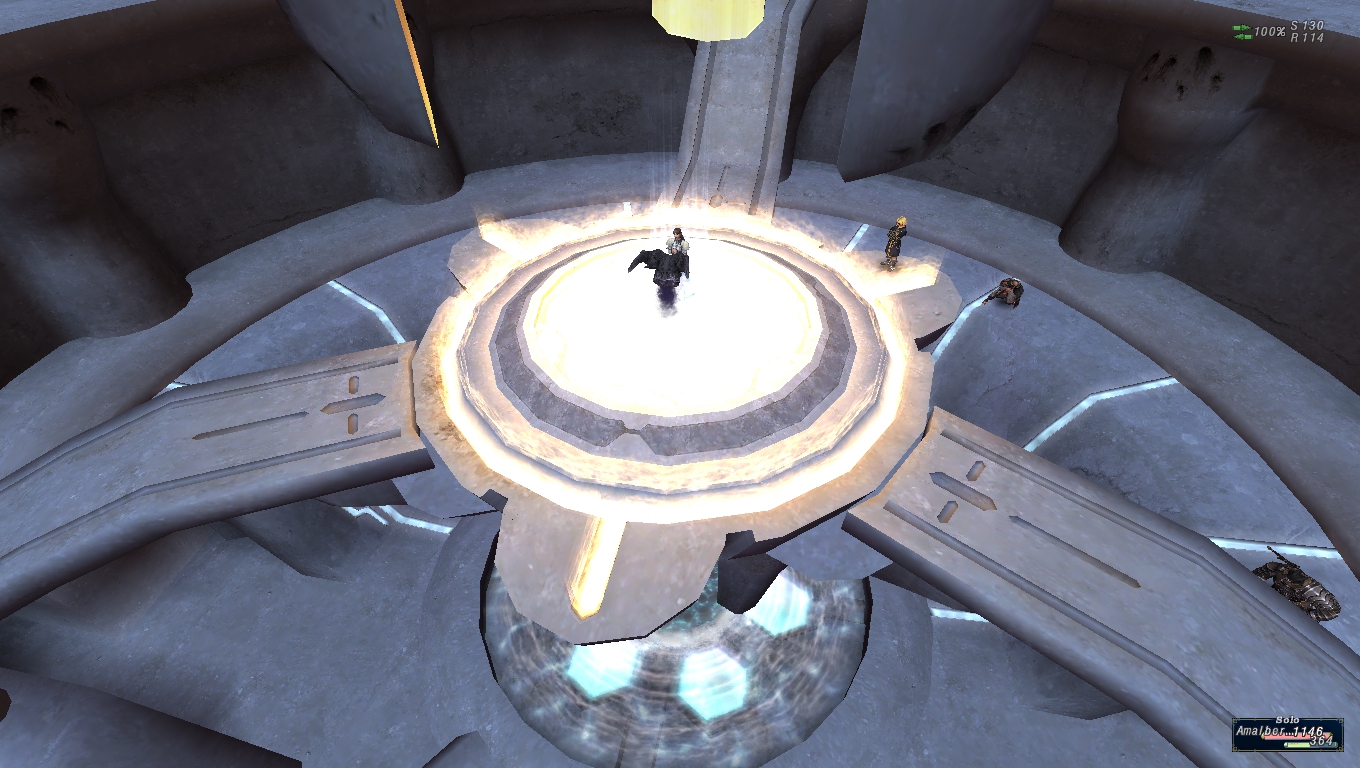 A screenshot showing Verena standing in the center of a circular glowing platform. The head of the Shadow Lord floats in front of her.