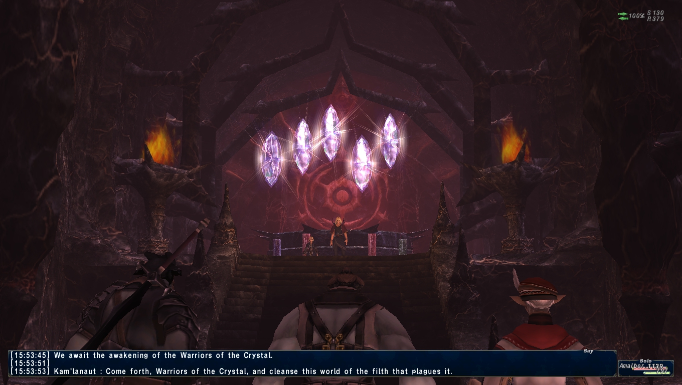 A screenshot showing five crystals hovering on the throne, with Kam'lanaut standing in the middle of them