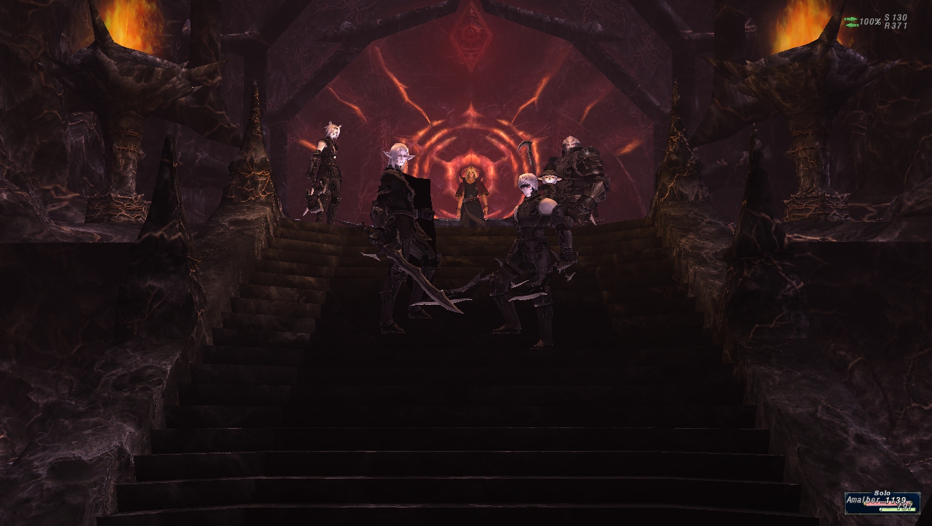 A screenshot showing the five Warriors of the Crystal: a Hume, a Mithra, a Galka, an Elvaan, and a Tarutaru.